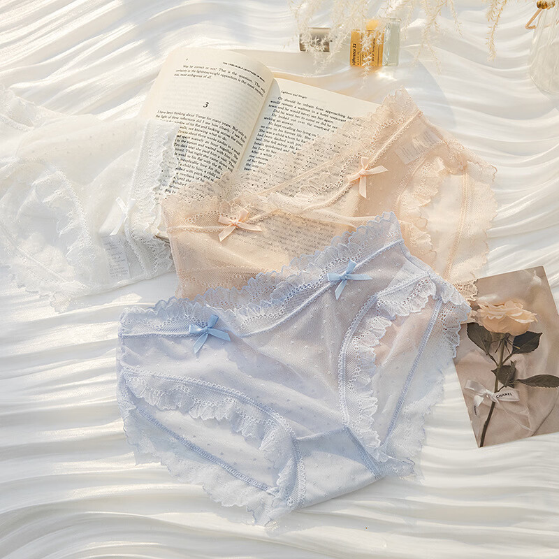 有只绵5条日系少女冰丝内裤夏季新款轻薄无感中腰可爱蕾丝纯棉裆三角裤 混色5条 L 90-110斤