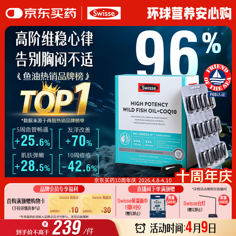 Swisse斯维诗 96%高纯度深海鱼油辅酶Q10软胶囊 黑绷带鱼油60粒熬夜常备