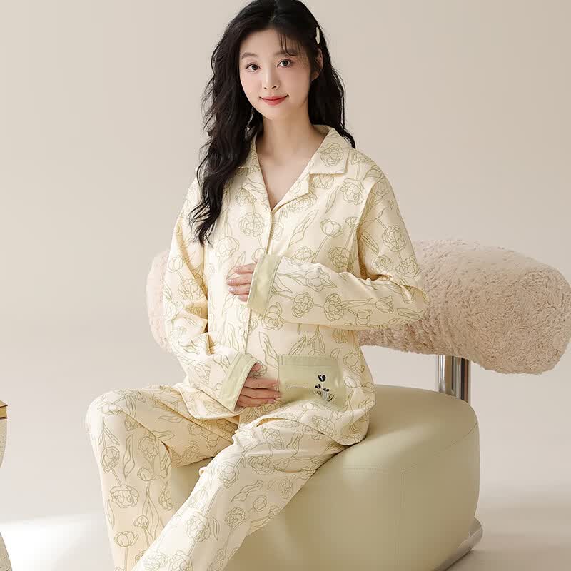 ROVO月子服产妇夏季薄款孕妇装产后睡衣套装居家服夏季薄款带胸垫 浅绿印花 XL