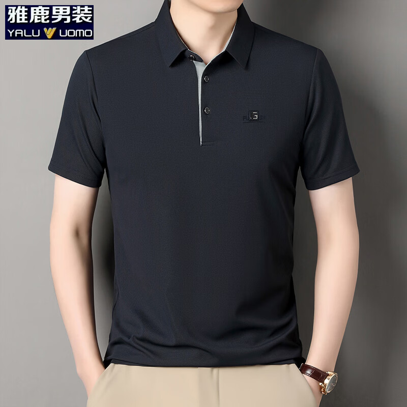 雅鹿长袖t恤男秋季新款翻领印花宽松男士polo中老年爸爸装上衣 藏青-短袖 L (170) (建议120-135斤) 京东折扣/优惠券