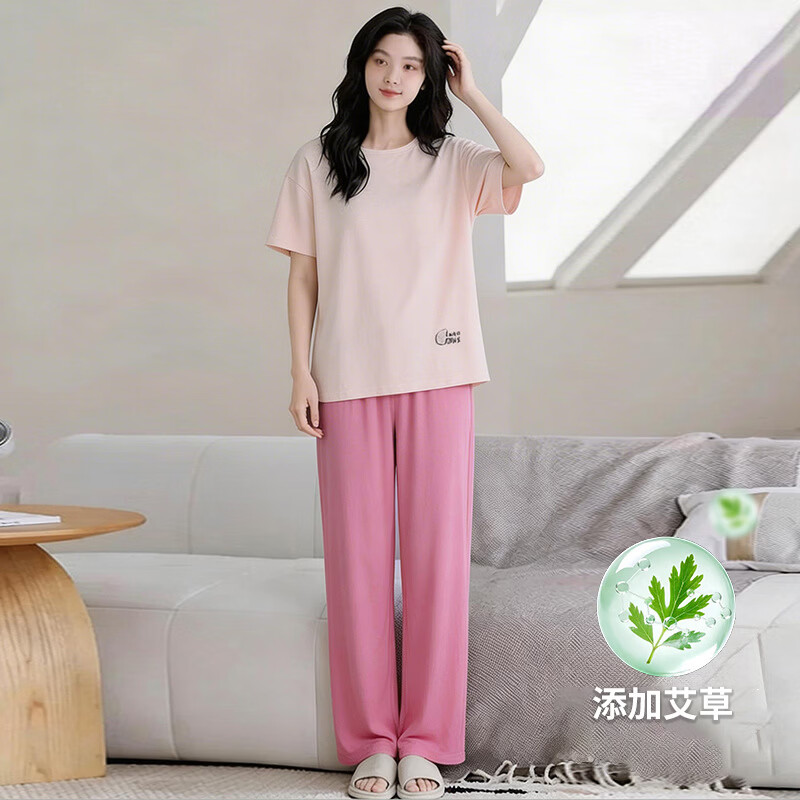 有只绵夏季艾草情侣睡衣套装男士宽松大码女士睡衣空调服 艾草紫色 女款-短袖+长裤套装 L