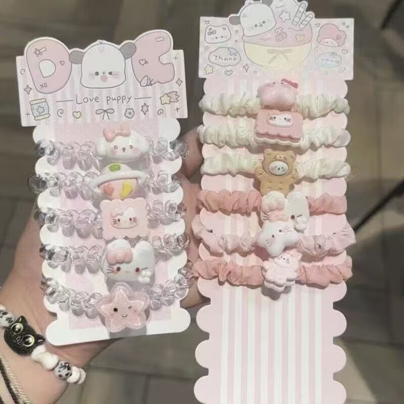 可爱猫咪电话线发圈女套装不伤发头绳甜美少女日系卡通头饰发饰 1 小肠圈6件套(不带卡纸)