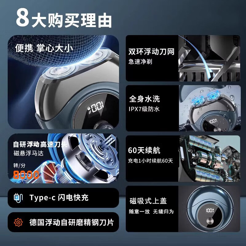 GROOUZ德国品牌男士剃须刀电动便携刮胡子胡须刀双头剃须刀多功能充电刮胡刀送男友生日520礼物 宝蓝色【剃须刀重磅新旗舰】