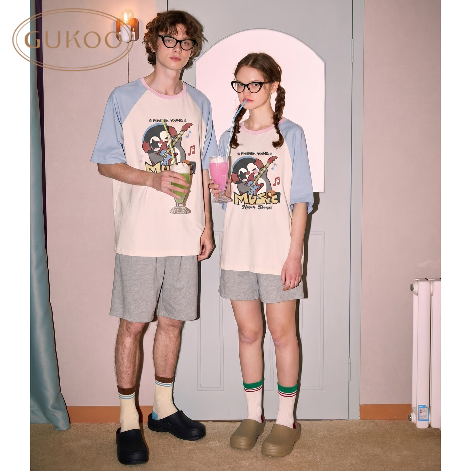 果壳（Gukoo）情侣睡衣夏季原创小企鹅纯棉套头插肩袖卡通女家居服套装男睡衣B 小企鹅女套装 L