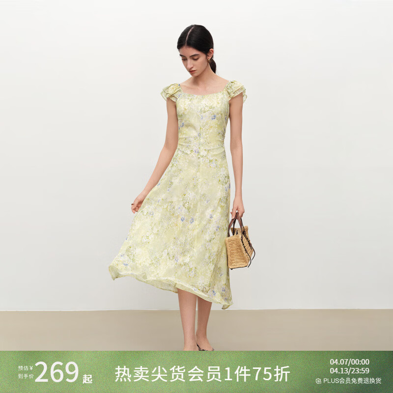自巧小个子掐腰法式碎花连衣裙女2026夏季新款度假飞飞袖雪纺长裙 绿野仙踪 XXS （尺码：1）
