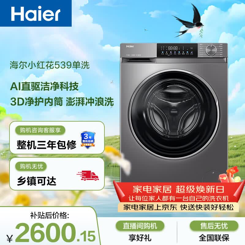 海尔（Haier）小红花 全自动滚筒洗衣机10KG 超薄直驱 冲浪洗 减震降噪 家电京东自营 XQG100-BD539S