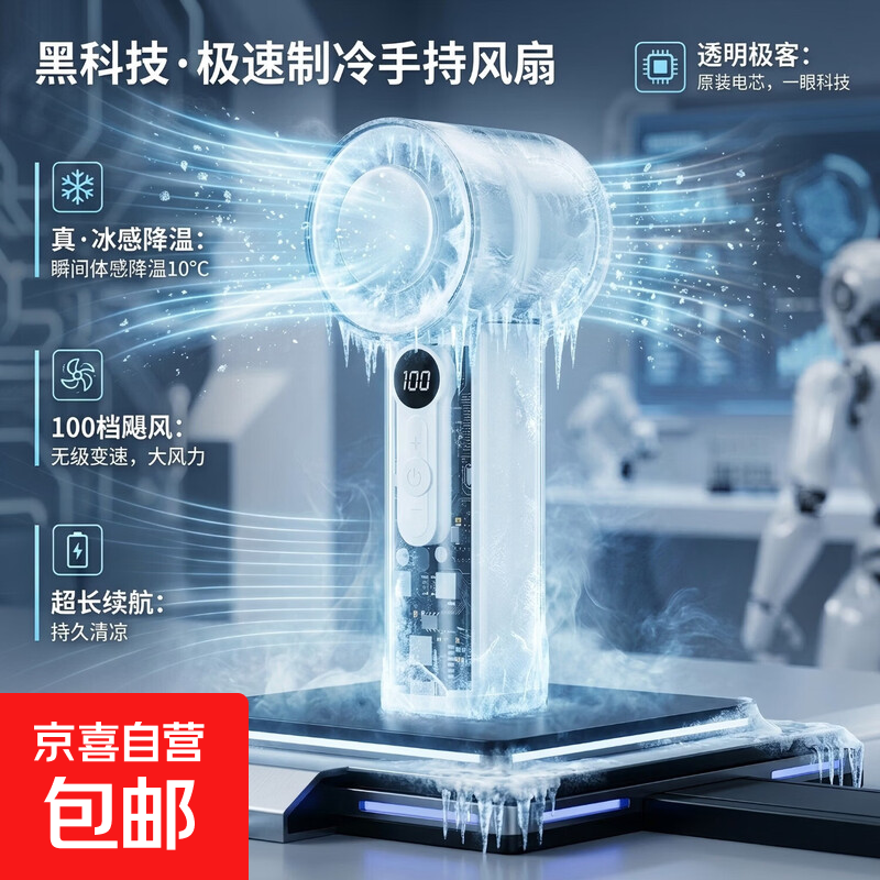 【冰敷制冷智能数显档位调节】2026爆款可折叠手持风扇桌面风扇USB充电小巧精致便携 X05透明款【白色】【冰敷制冷+智能数显】