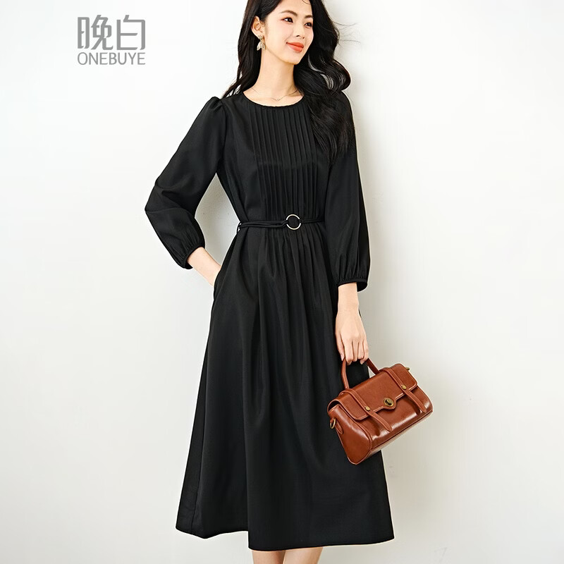 晚白2026年春款气质圆领大摆风琴褶裙子系带收腰显瘦利落通勤连衣裙 黑色 L