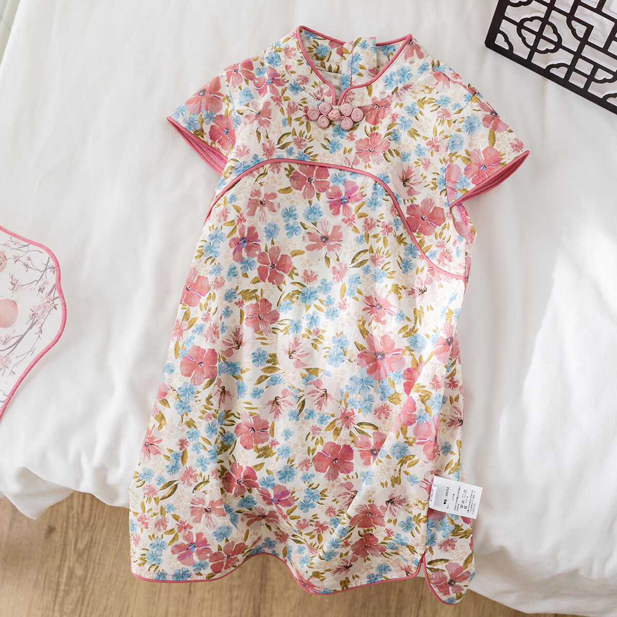 婴尚26夏女童连衣裙儿童中大童新中式旗袍国风汉服中国风唐装连衣裙 藕粉色 YQ242335 140