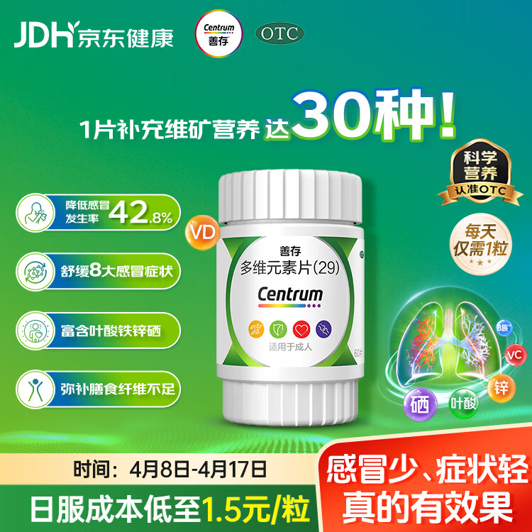 善存多维元素片(29) 60片OTC成人补充30种复合维生素d叶酸备孕期维生素cVb族Ve钙铁锌VA