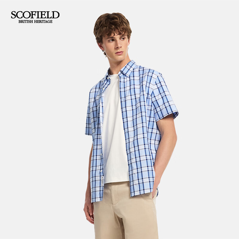 Scofield男装26年夏季新品日常通勤时尚格纹穿搭100%棉短袖衬衫男 浅蓝色 XL (180)