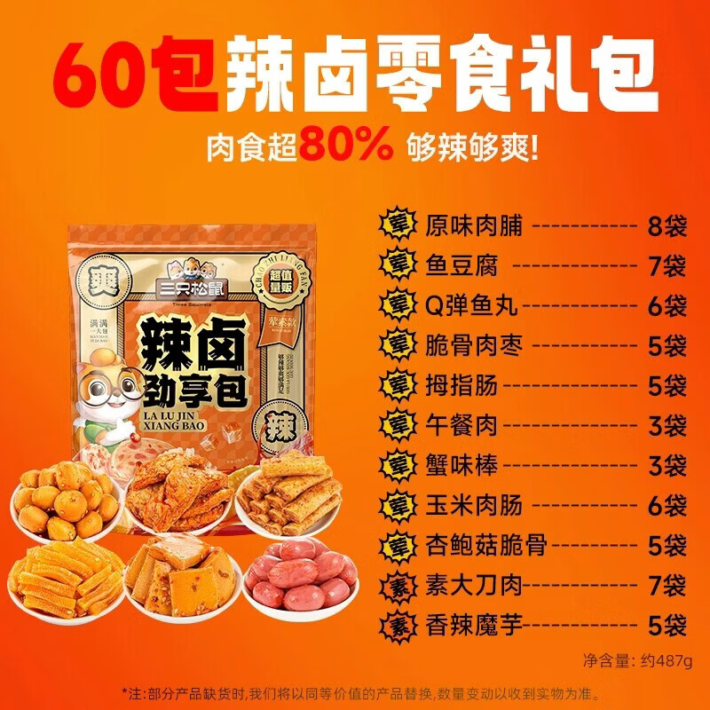 三只松鼠辣卤礼包零食整箱卤味肉类夜宵出游解馋小吃礼盒 共60包【买30包+30包】辣卤大礼包肉食超80%