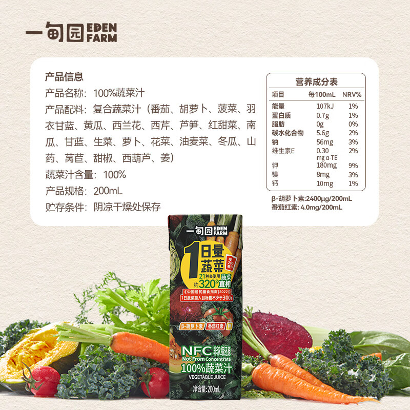 一甸园(Eden Farm)果蔬汁100%NFC蔬菜汁番茄汁健康饮料果汁0脂0蔗糖补充一日量蔬菜 100%NFC蔬菜汁200ml*24盒