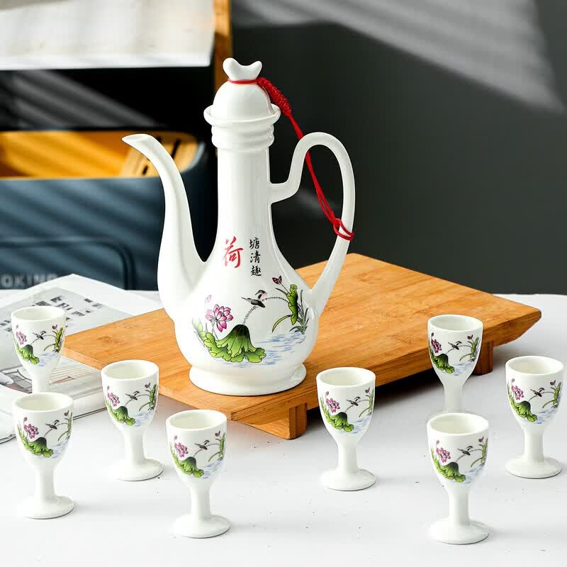 溥畔陶瓷酒具套装双唇酒壶高脚杯仿古中式分酒器酒具礼品小酒壶一口杯 李白斗酒双唇酒壶(高脚杯 9件