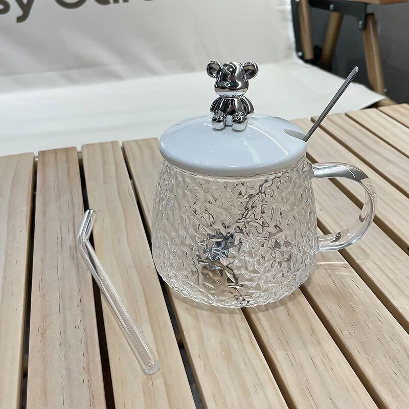 溥畔风可爱小熊玻璃杯高颜值女生水杯马克杯带盖勺办公室早餐杯 小熊杯2套[送银色熊盖+勺子]