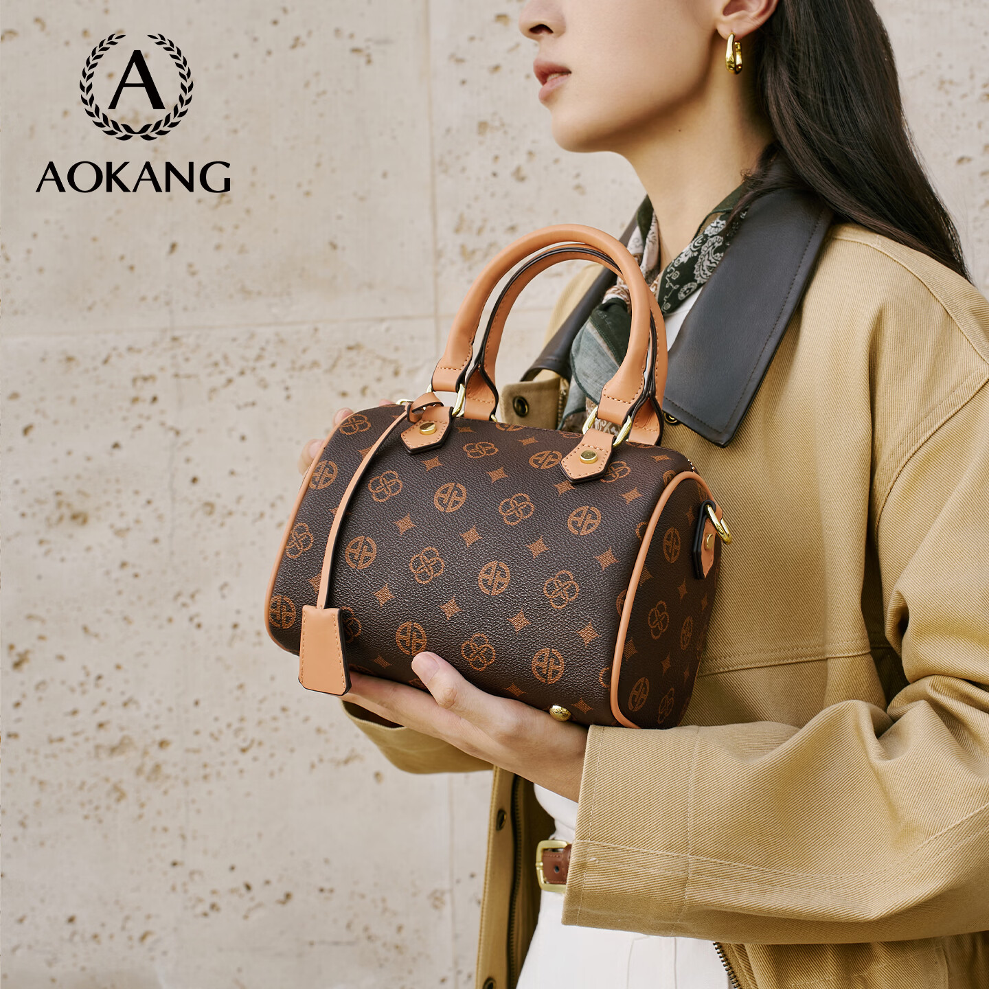 奥康（Aokang）包包女包手提包新款复古托特包印花斜挎单肩包生日礼物高级感实用 BG703004-咖色