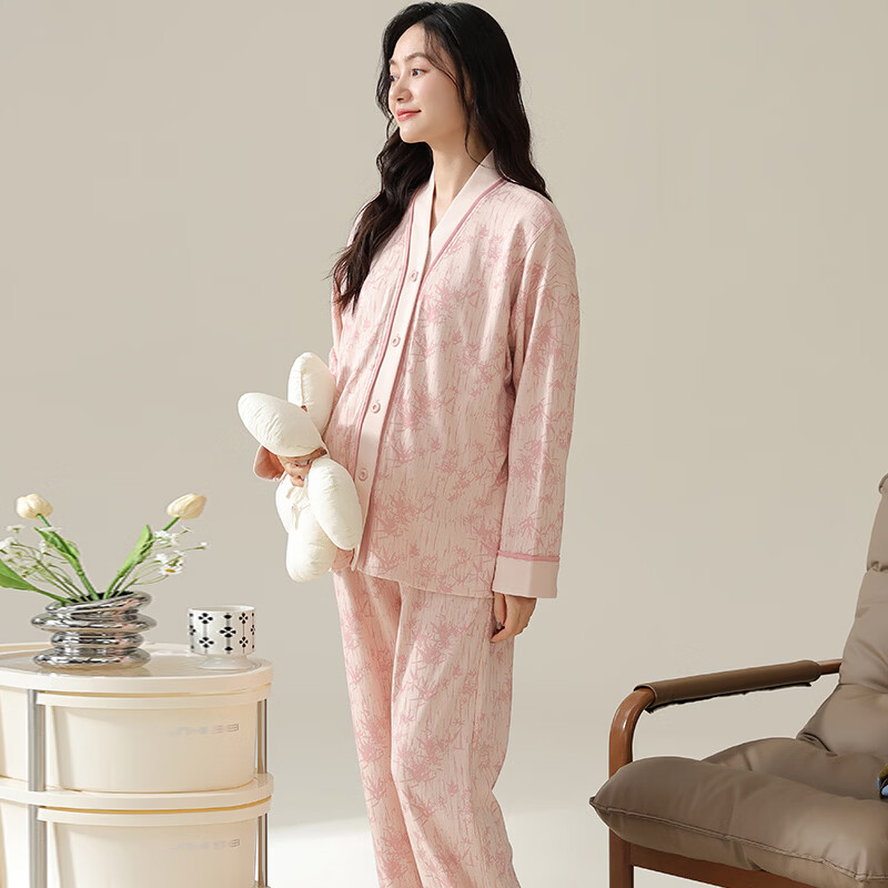 ROVO月子服产妇夏季薄款产妇孕妇睡衣套装产后哺乳家居服带胸垫 米色印花 L