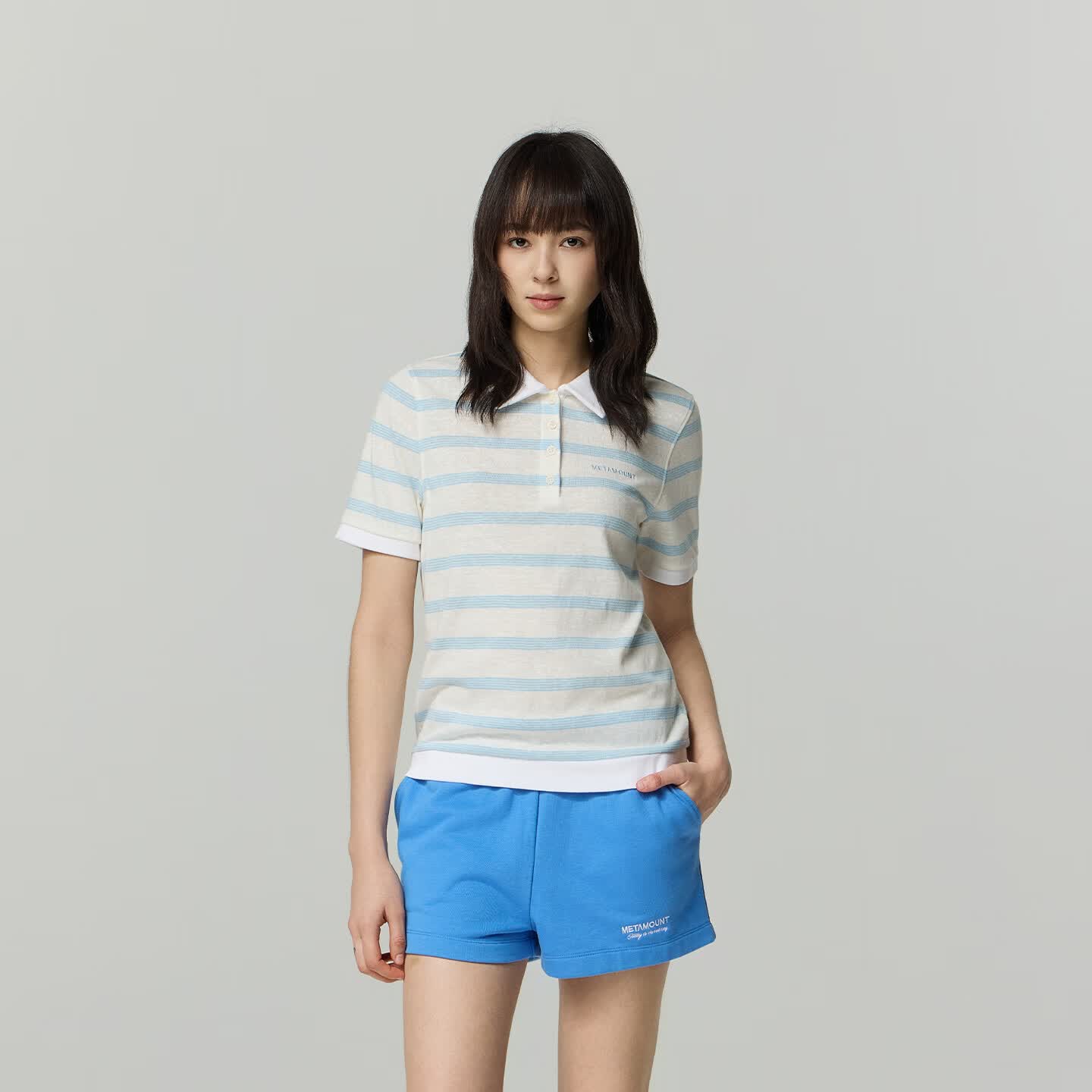 又见高山MetaMount云织 仿麻感肌理条纹短袖T恤POLO衫26新品 蓝白条纹 M