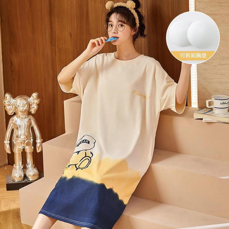 DAPHNE达芙妮【M】夏季女睡裙带胸垫棉质短袖无钢圈内衣罩杯孕妇圆领女士宽松 2916【含量30棉】 XL【含量30棉】