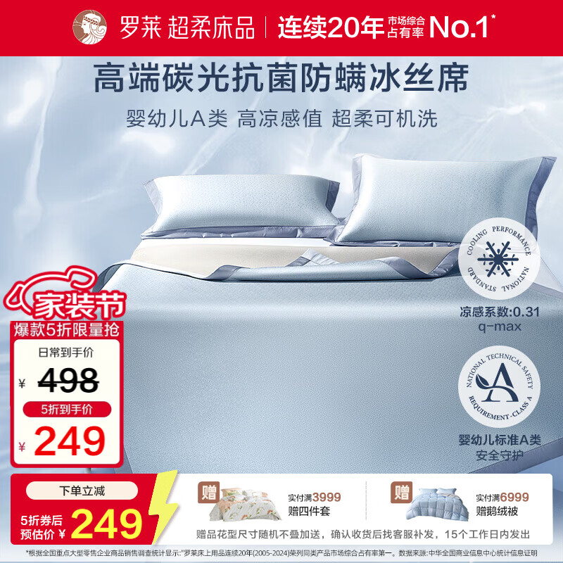罗莱家纺 A类冰丝席【可机洗】抗菌防螨凉席床笠款三件套蓝180*200*30