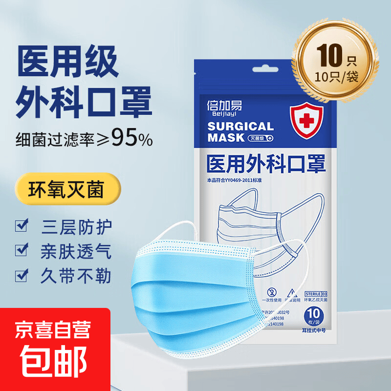 医用外科口罩一次性医疗成人灭菌级三层防护正品夏季薄款透气防尘 医用外科蓝【10只】灭菌级
