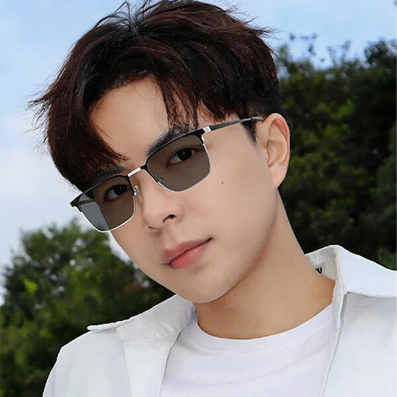 蔡司（ZEISS）镜片感光变色纯钛近视眼镜男款防蓝光辐射可配度数斯文半框眼镜架 122207 黑银（进口钛材） 配1.56变灰色镜片(0-400度）