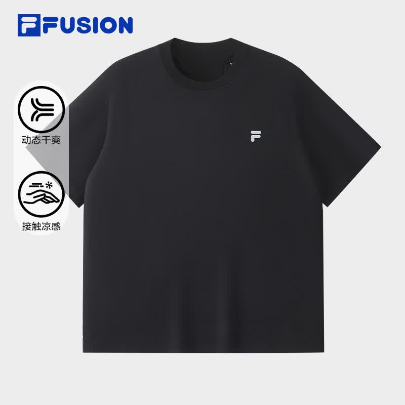 FILA FUSION斐乐潮牌男子针织短袖衫2026夏季新款凉感干爽宽松T恤 正黑色-BK XL 180/100A/XL