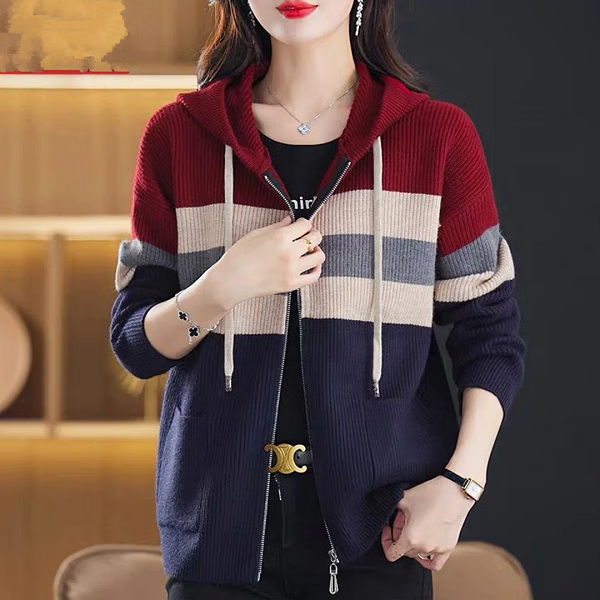 【商品品质】连帽条纹开衫外套女春秋卫衣2026新款休闲针织毛衣 红色 M 建议体重（90-120斤)