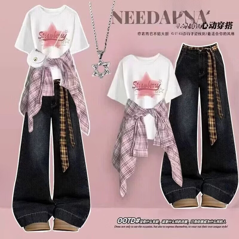 欧颖慕女童夏装初高中生套装14-16岁新款女大童运动套装夏季女生衣服潮 【三件套】308白色短袖+黑衬衫+黄格绳牛仔裤 165 （L）码【建议105-120斤】