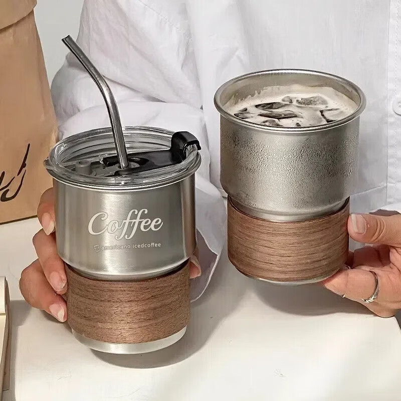 不锈钢咖啡杯户外露营带盖隔热旅行喝水杯子高颜值便携防烫 印花水杯+盖子+黑桃木杯套+吸管