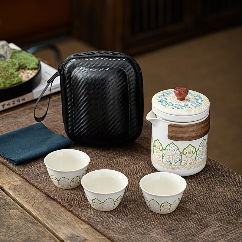 便携茶具户外旅行茶具套装家用一壶四杯便携式收纳包陶瓷快客杯泡 白/古韵一壶三杯/胶囊包