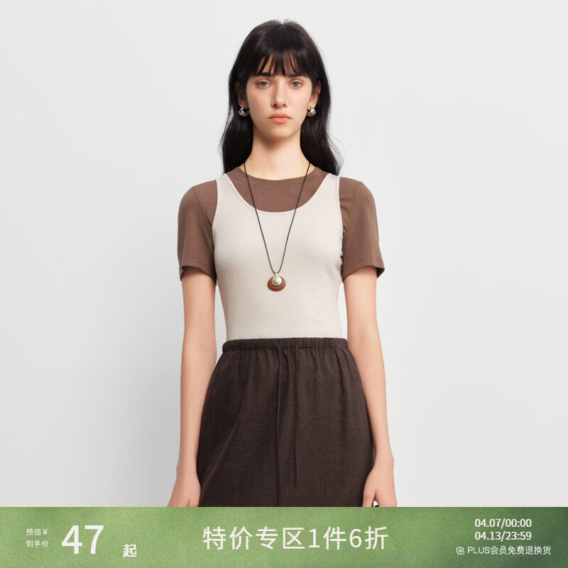 自巧【凉感】小个子波嬉风波浪边刺绣针织T恤上衣女2026春季新品 吊带背心 XXS （尺码：1）