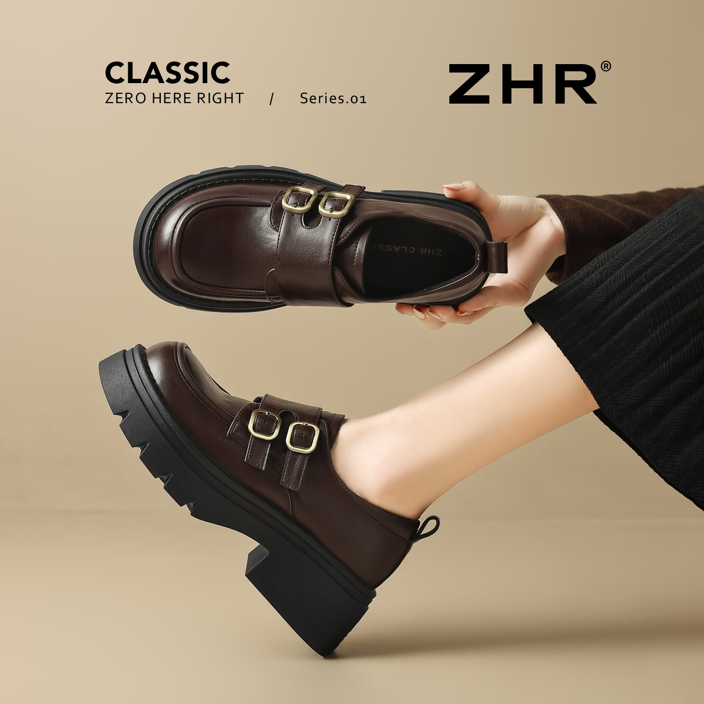 ZHR则则厚底小皮鞋子2026春季新款英伦风百搭粗跟乐福鞋女款 JF311 棕色 36