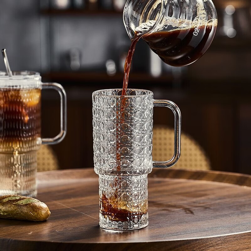 亚创优品+大容量玻璃吸管杯带把手冰美式拿铁咖啡杯果茶杯办公室带盖水杯子 宝石纹单杯