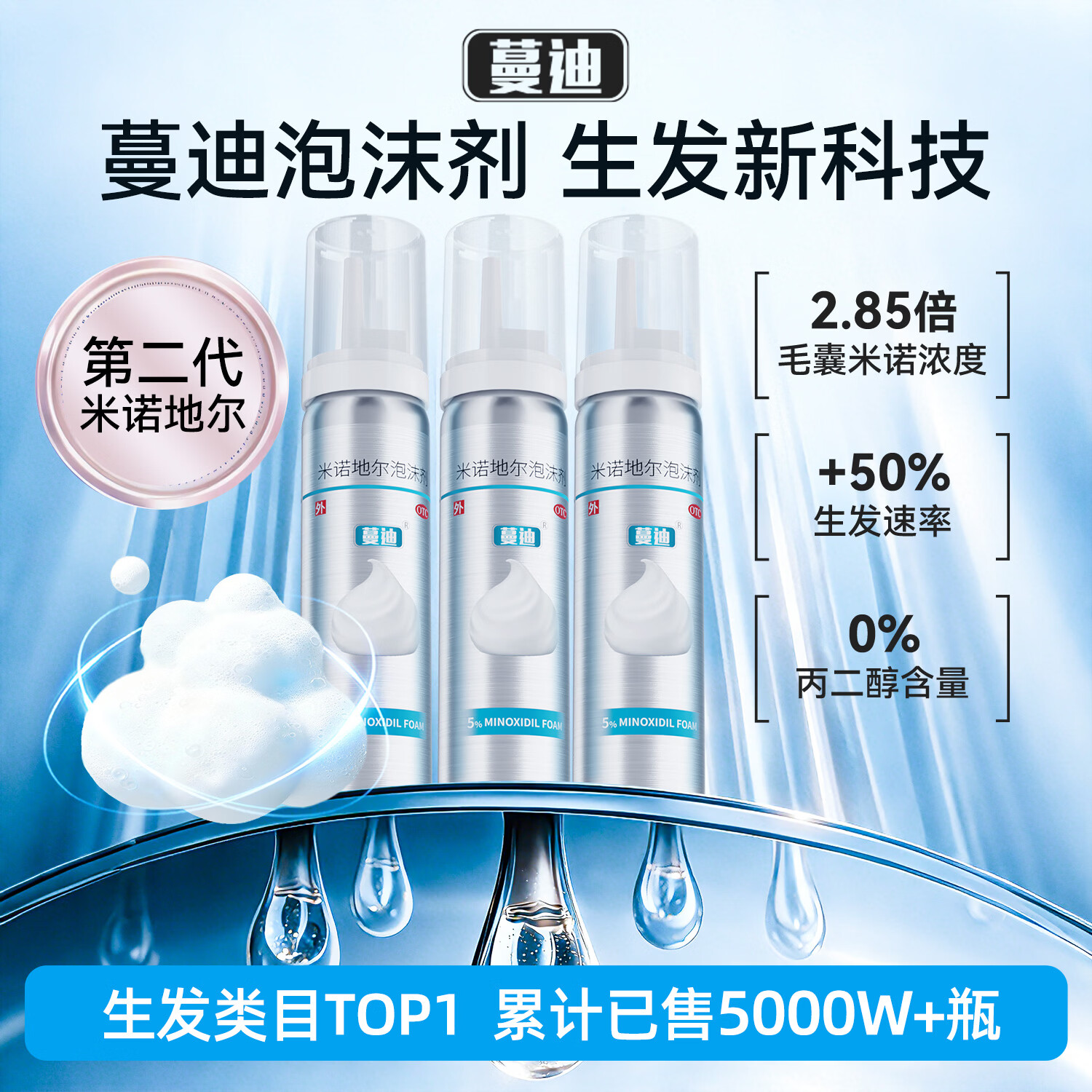 蔓迪【第二代米诺地尔】蔓迪米诺地尔泡沫剂5%(60g:3g)*60g/3瓶/盒生发液用于治疗脱发和斑秃;