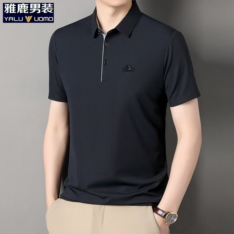 雅鹿长袖t恤男秋季新款翻领印花宽松男士polo中老年爸爸装上衣 藏青-短袖 L (170) (建议120-135斤)