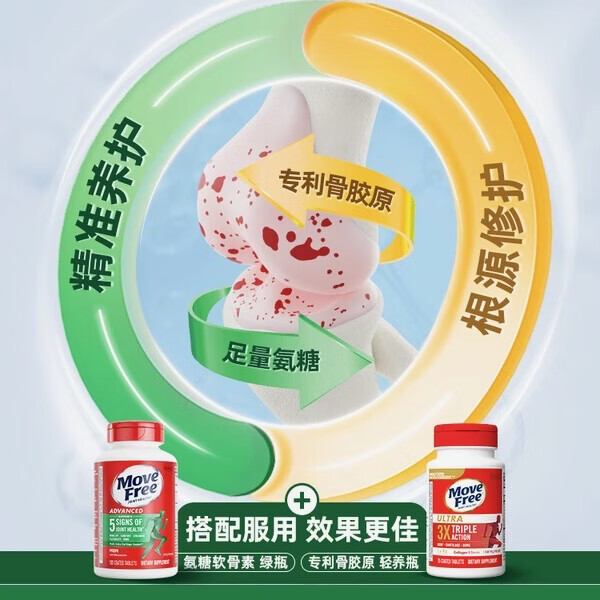 健康Move Free进口氨糖维骨力中老年人骨质疏松腰腿疼护关节 绿瓶 修复关节 舒缓关节疼痛 120粒*2瓶