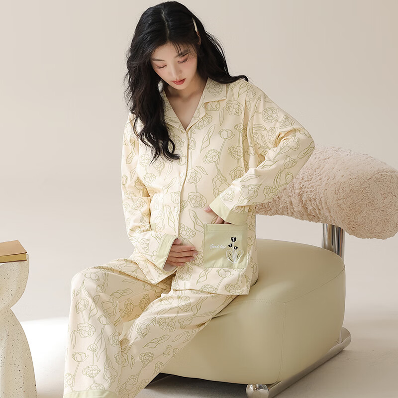 ROVO月子服产妇夏季薄款孕妇装产后睡衣套装居家服夏季薄款带胸垫 浅绿印花 XL