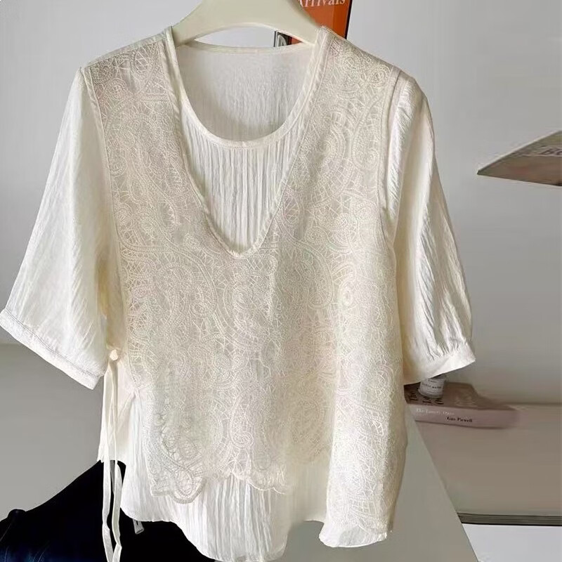 【法式轻奢】2026新款蕾丝假两件短袖衬衫女夏季洋气宽松显瘦上衣 米杏色 L (推荐100-120斤)