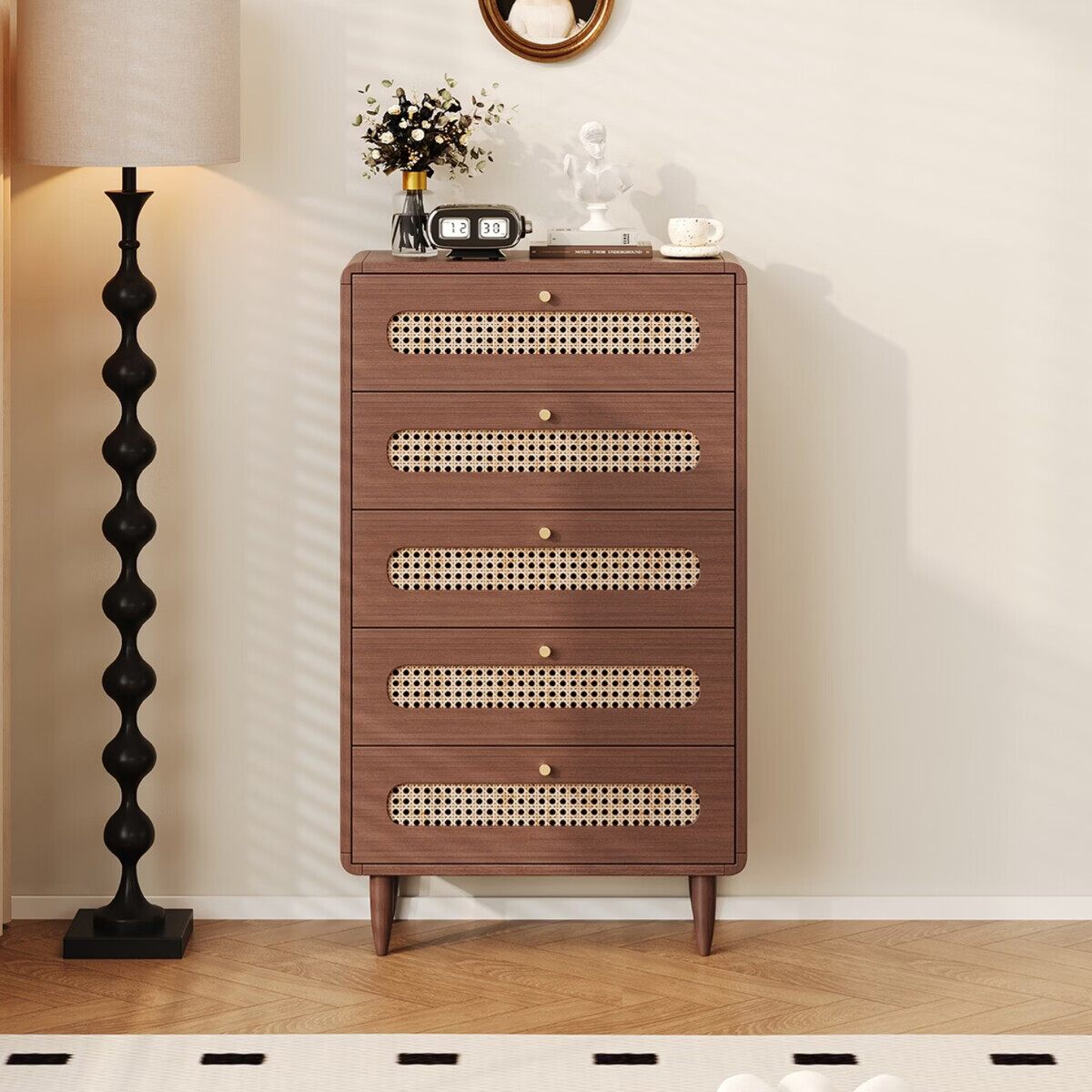 溥畔风五斗柜客厅靠墙储物柜多层收纳柜立柜电视柜旁小边柜 [复古白] 有送装服务