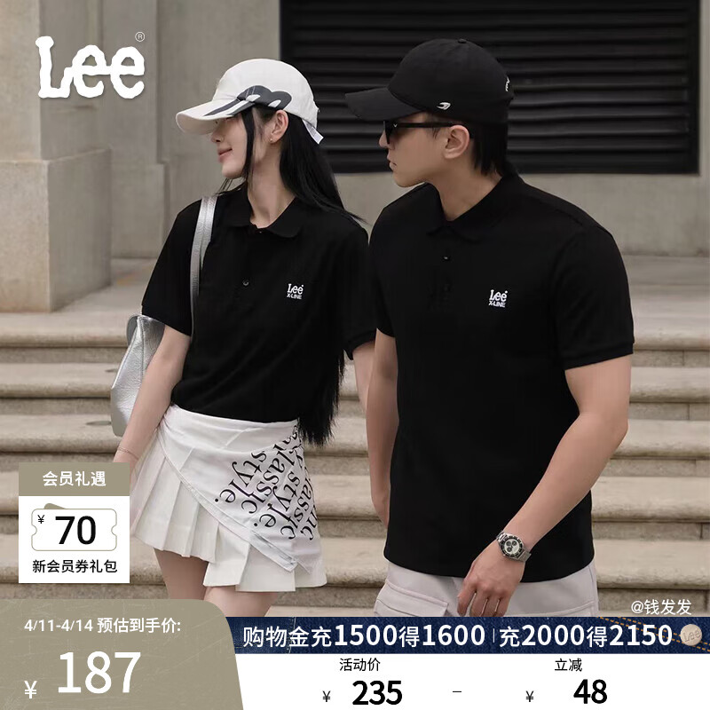 Lee标准版防晒紫外线刺绣logo凉感短袖男女同款情侣polo衫休闲潮 黑色 L