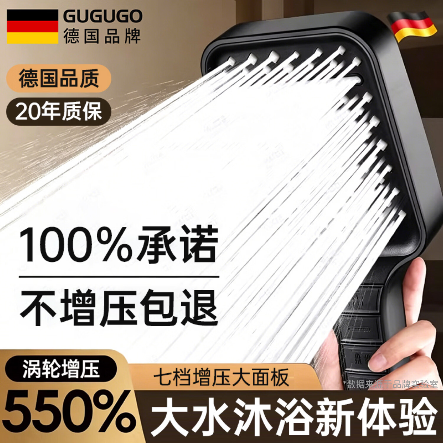 GuGuGo【德国】强劲增压淋浴花洒喷头带软管一套多功能浴室手持蓬莲头 【钛金灰】七档增压+超大面板 强劲增压大水丨享酒店般沐浴体验