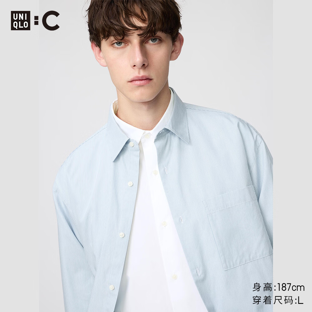 优衣库合作款/男装女装宽松条纹衬衫/长袖衬衣482455 65 宝蓝色 M