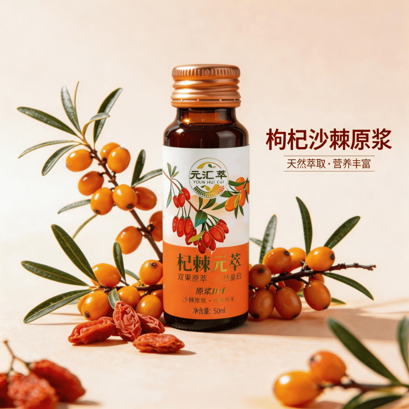 元汇萃枸杞沙棘原浆100%NFC鲜果压榨  VC维C配料干净养生送礼佳品礼盒装 500ml*1盒
