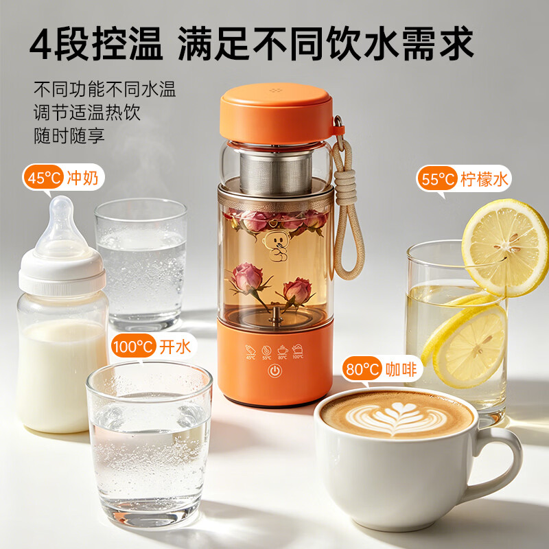 SUOBQ苏泊电热杯热水壶双层加厚玻璃防烫出差便携热水杯迷你养生壶养生杯恒温杯大容量办公室煮茶带滤网 0.45L 橙色电热杯