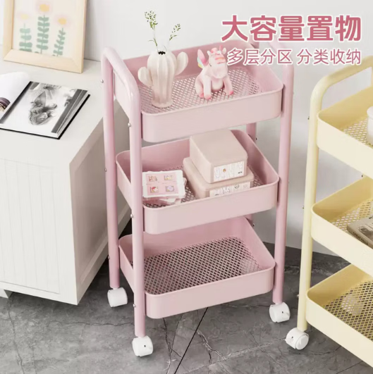 简友探碳钢落地置物架可移动零食收纳架家用厨房储物架铁艺多层碳钢架 碳钢小推车 3层 41*29.5*73cm 黑色 1个