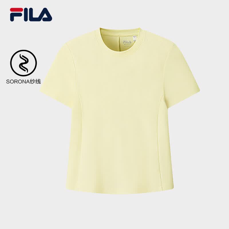 FILA 斐乐官方女子针织短袖衫2026夏新款休闲百搭上衣简约基础T恤 淡奶油黄-BG L 170/88A/L