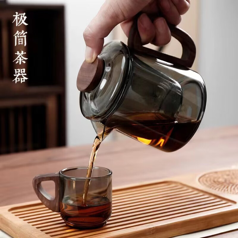 八玺侧木把烟灰色玻璃合欢花茶壶电陶炉加热烧水煮茶壶功夫玻璃泡茶壶 烟灰色一壶四杯礼盒装 壶400ml/杯95ml 加厚高硼硅玻璃（可明火电陶炉加热）