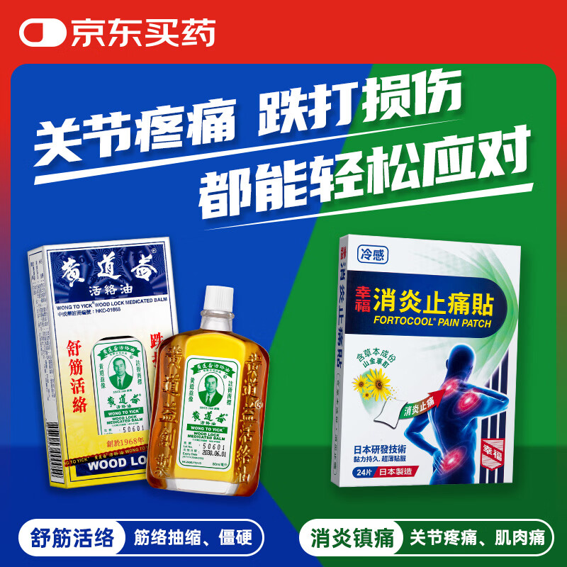 幸福消炎止痛贴24片+黄道益活络油50ml组合装港版自营消炎止痛药跌打损伤肩颈关节痛香港原装进口药