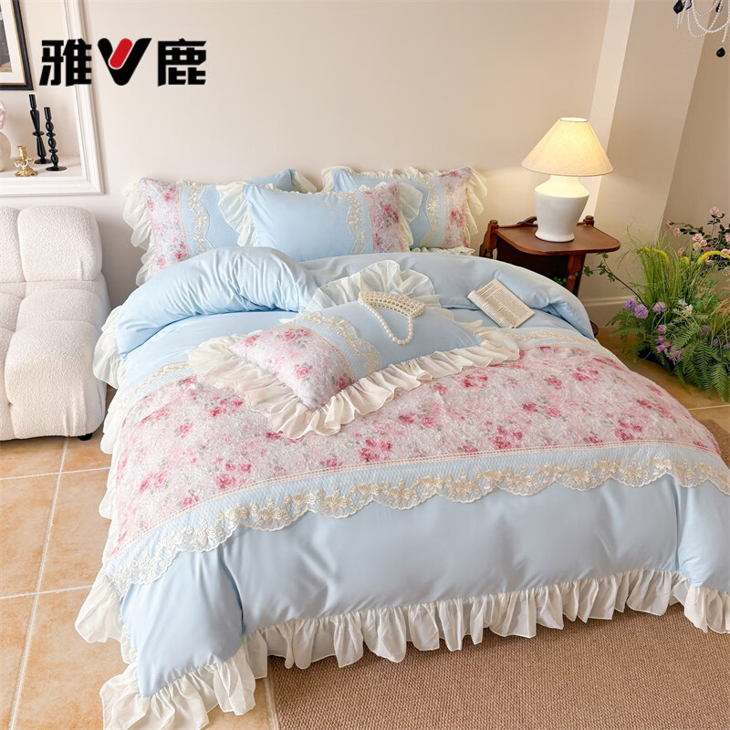 雅鹿水洗亲肤棉雪纺花边蕾丝刺绣法式床裙韩版四件套家用公主风 爱丽丝-蓝 1.8 床笠款 （被套200*230cm） 四件套